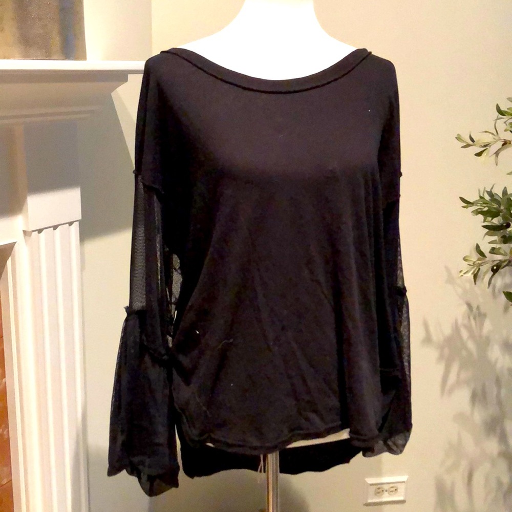 Free People Black Long Sleeve Mesh / Ruffled Top